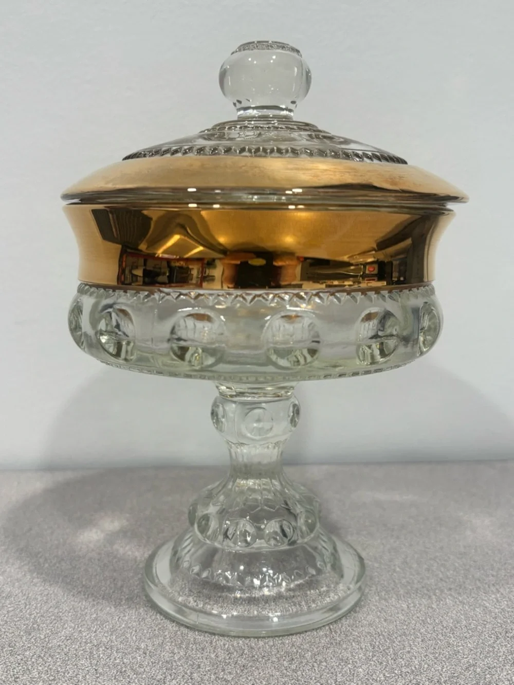 VTG Indiana Glass Compote Candy Dish with Gold Band Lid